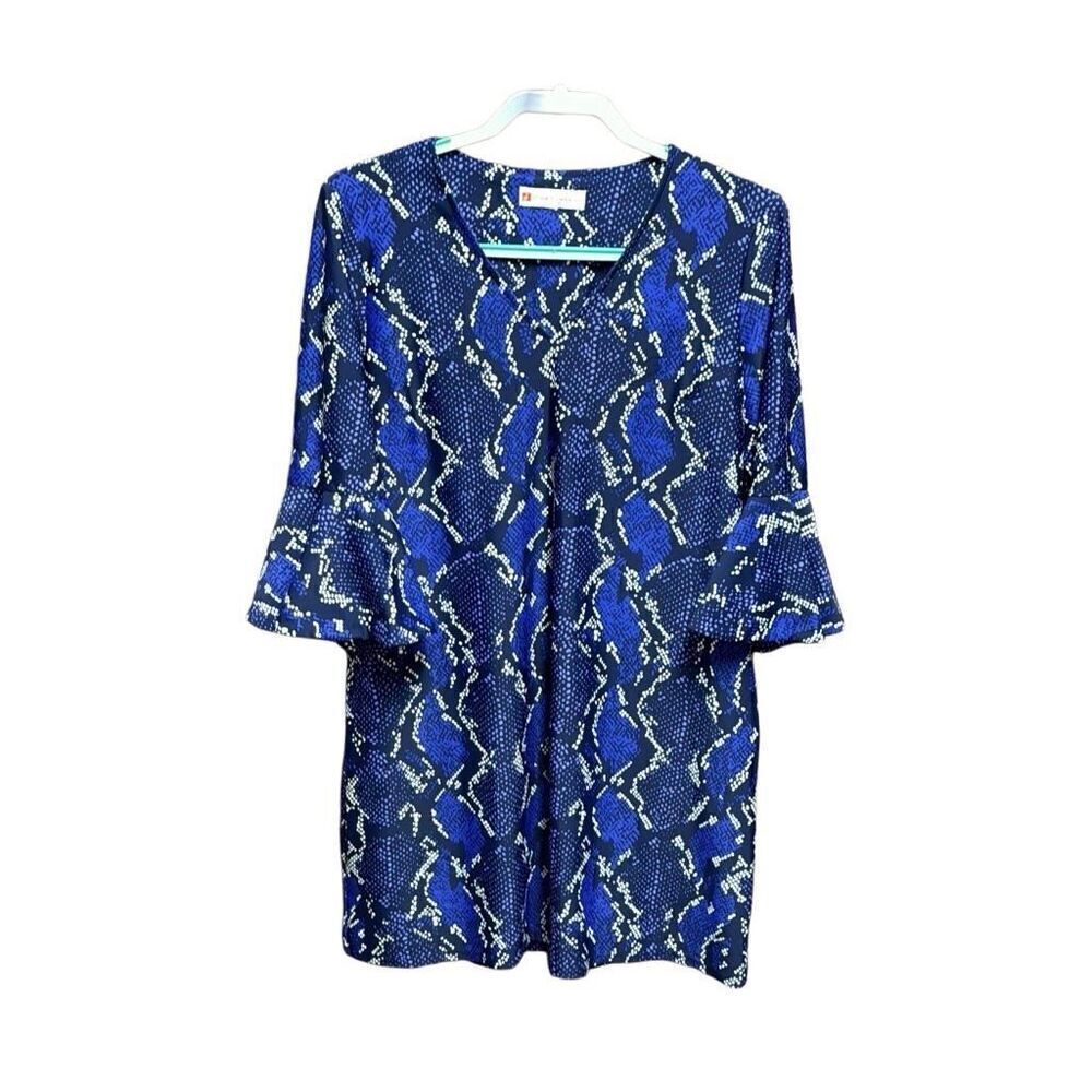 Jude Connally Women’s Blue Snakeskin Bell Sleeve V Neck Dress Size Medium